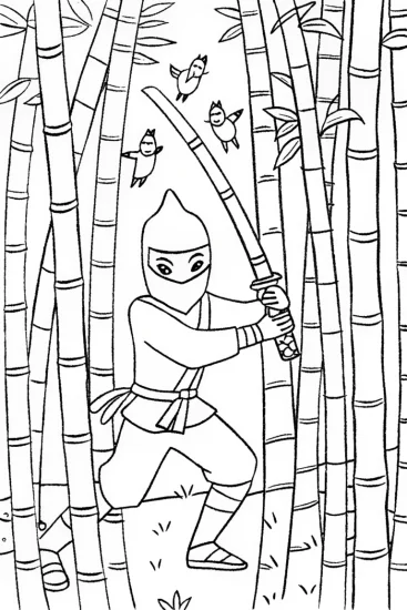 A coloring page of Ninja Training Adventure in the Bamboo Forest