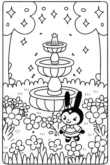 A coloring page of Kuromi’s Magical Adventure in the Flower Garden