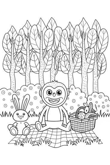 A coloring page of Huggy Wuggy’s Fun Picnic in the Cozy Forest