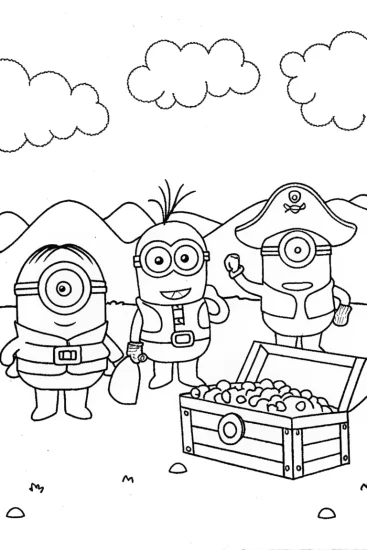 A coloring page of Minions on a Treasure Hunt Adventure!