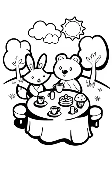A coloring page of Whimsical Tea Party with Bunny and Bear