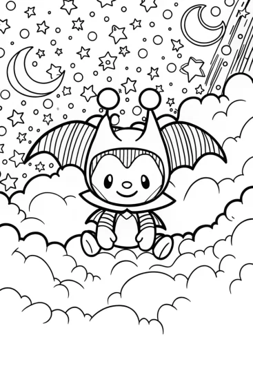 A coloring page of Kuromi’s Dreamy Starry Night Adventure Coloring Page