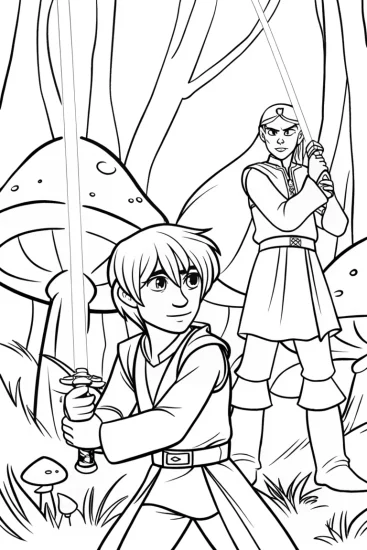 A coloring page of The Enchanted Forest Duel Coloring Page