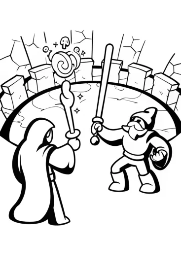 A coloring page of Epic Showdown: Wizard vs. Knight in the Arena