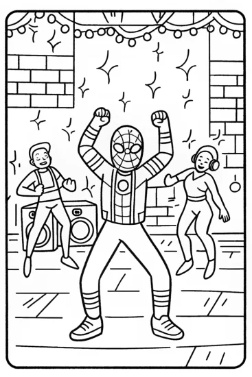 A coloring page of Miles Morales in a dance showdown