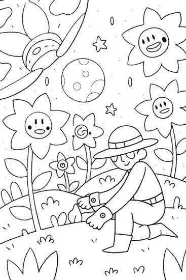 A coloring page of Goku’s Galactic Gardening Adventure Coloring Page