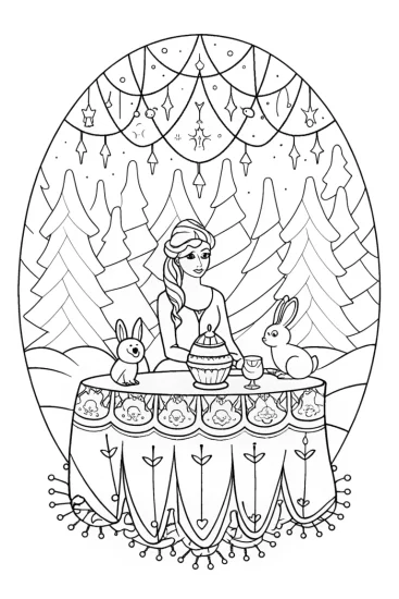 A coloring page of Elsa’s Enchanted Ice Tea Party Coloring Page
