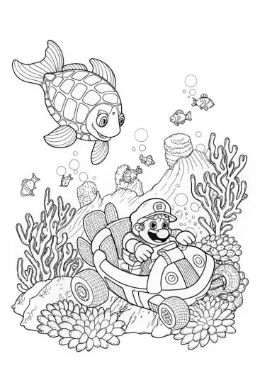 A coloring page of Mario Underwater Race Coloring Page