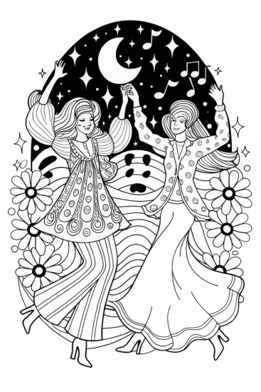 A coloring page of Rainbow High Students Dancing in the Cosmos
