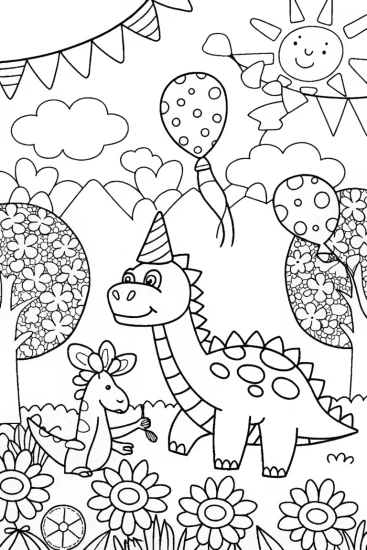 A coloring page of Dinosaur Garden Party Coloring Page