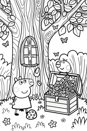A coloring page of Peppa Pig’s Enchanted Treehouse Coloring Page