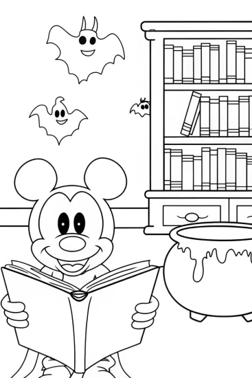A coloring page of Mickey Mouse’s Magical Haunted Library Coloring Page