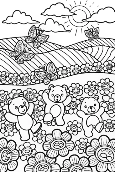 A coloring page of Care Bears’ Whimsical Nature Dance Coloring Page