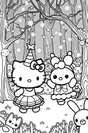 A coloring page of Hello Kitty’s Magical Forest Dance Party Coloring Page