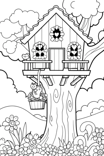 A coloring page of The Enchanted Spring Treehouse Coloring Page