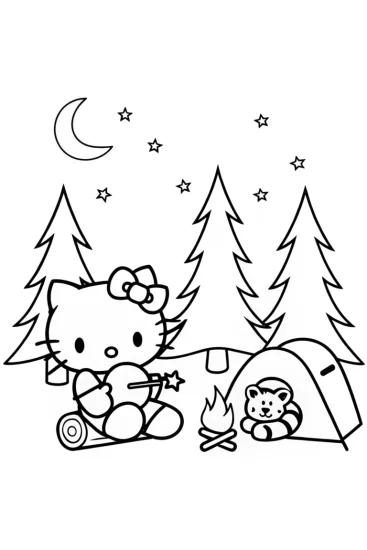 A coloring page of Hello Kitty’s Magical Starry Night Coloring Page
