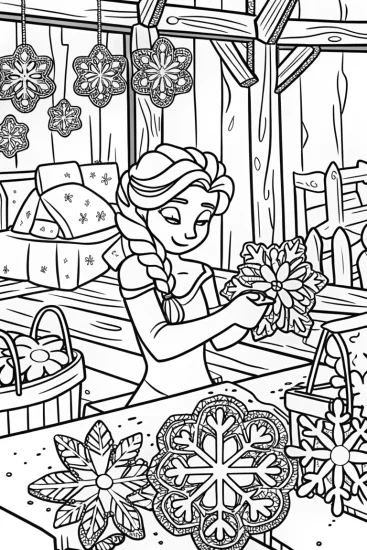 A coloring page of Elsa’s Enchanted Snowflake Workshop Coloring Page