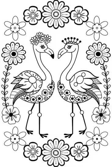 A coloring page of Flamingo Fashionistas in a Floral Wonderland
