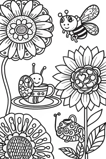 A coloring page of Snail and Bee Garden Tea Party Coloring Page