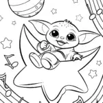 Baby Yoda’s Galactic Musical Adventure Coloring Page