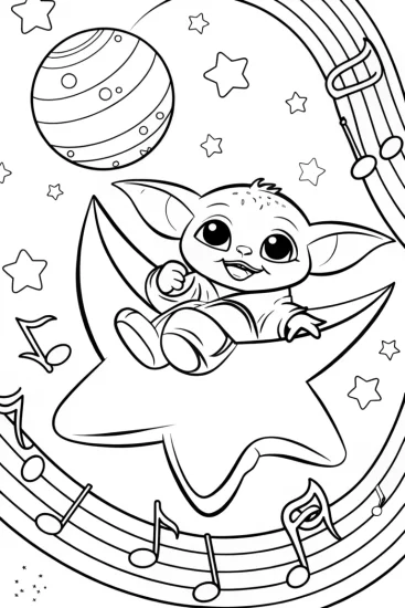 A coloring page of Baby Yoda’s Galactic Musical Adventure Coloring Page