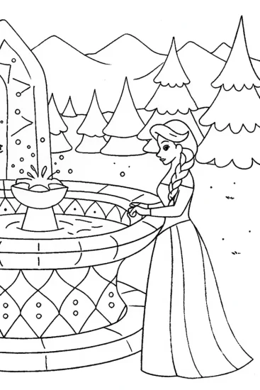 A coloring page of Elsa’s Enchanted Ice Well Coloring Page