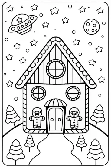 A coloring page of Gingerbread House Solar System Coloring Page