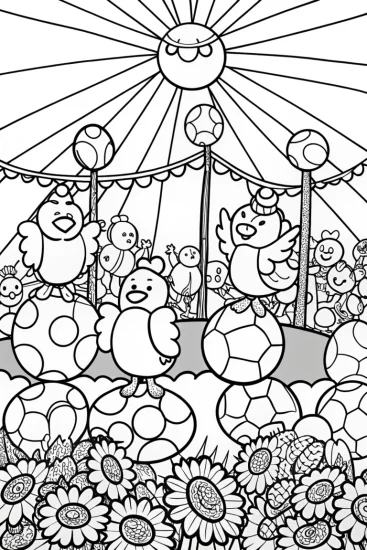 A coloring page of Chickens in a Sunflower Circus Coloring Page