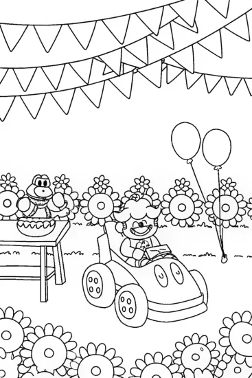 A coloring page of Princess Peach’s Karting Garden Party Coloring Page