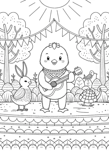 A coloring page of Chick’s Music Festival Coloring Page