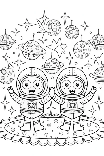 A coloring page of Bluey and Bingo’s Galactic Dance Party Coloring Page