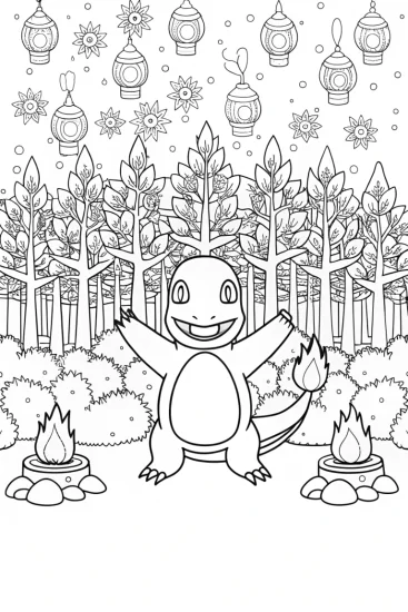 A coloring page of Charmander’s Firefly Festival Coloring Page
