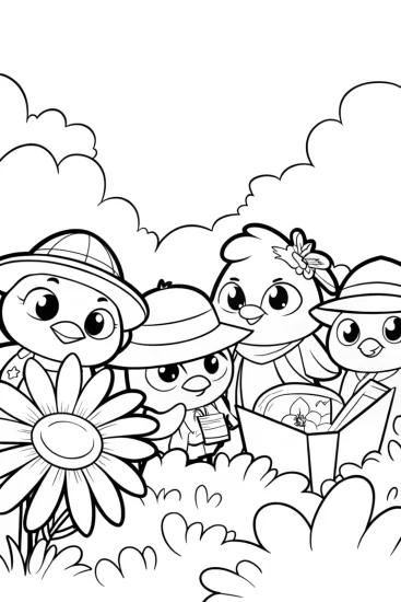 A coloring page of Chickens on a quest for treasure