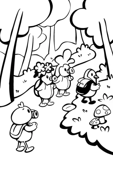 A coloring page of Chickens on a Nature Adventure Coloring Page