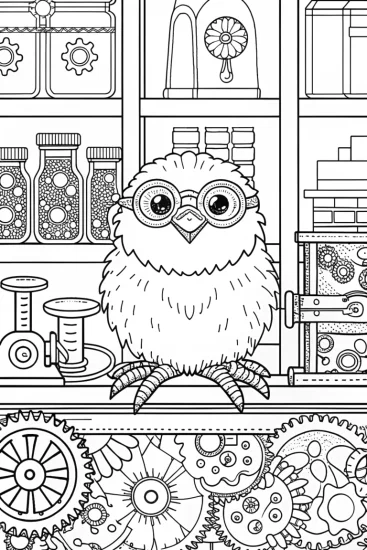 A coloring page of Chick’s Inventive Workshop Coloring Page
