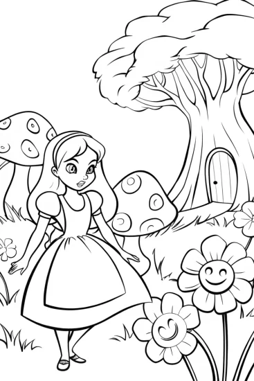 A coloring page of Alice’s Enchanted Garden Adventure Coloring Page