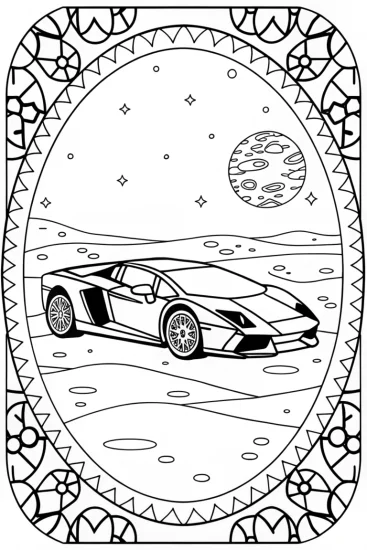 A coloring page of Lamborghini on the Lunar Landscape Coloring Page