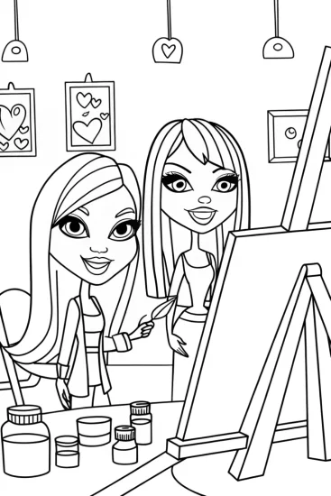A coloring page of Bratz Dolls Art Studio Coloring Page