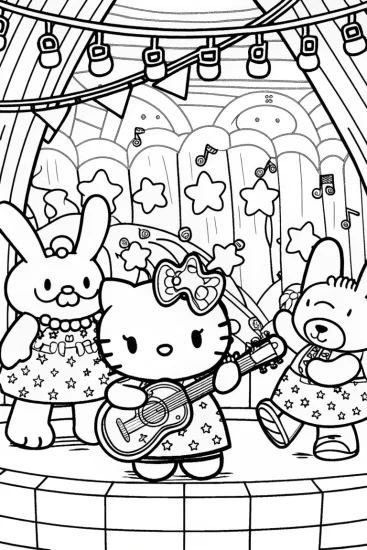 A coloring page of Hello Kitty at the Enchanted Music Fest