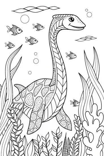 A coloring page of Plesiosaurus Underwater Adventure Coloring Page