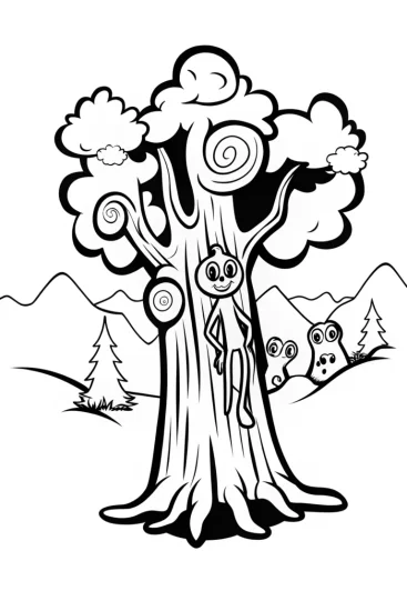 A coloring page of Huggy Wuggy’s Enchanted Tree of Secrets Coloring Page
