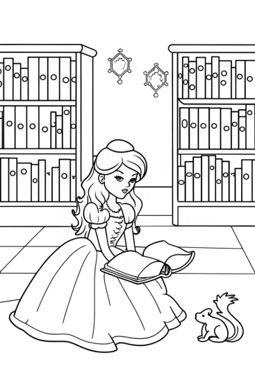 A coloring page of Princess of the Enchanted Library Coloring Page