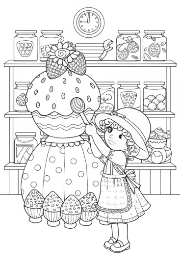 A coloring page of Strawberry Shortcake’s Whimsical Berry Bakery Coloring Page