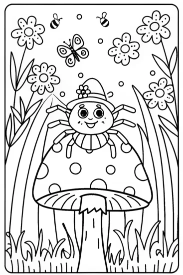 A coloring page of Spider’s Garden Party Coloring Page