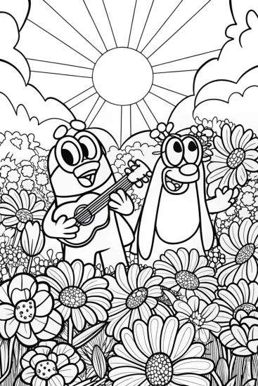 A coloring page of Bluey and Bingo’s Musical Garden Coloring Page