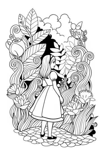 A coloring page of Alice’s Enchanted Tea Garden Coloring Page