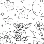 Baby Yoda’s Galactic Gardening Adventure Coloring Page