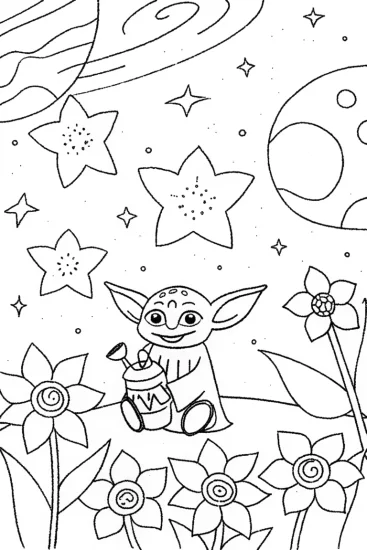 A coloring page of Baby Yoda’s Galactic Gardening Adventure Coloring Page