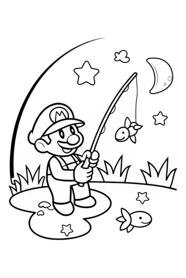 A coloring page of Mario’s Starlit Fishing Adventure Coloring Page