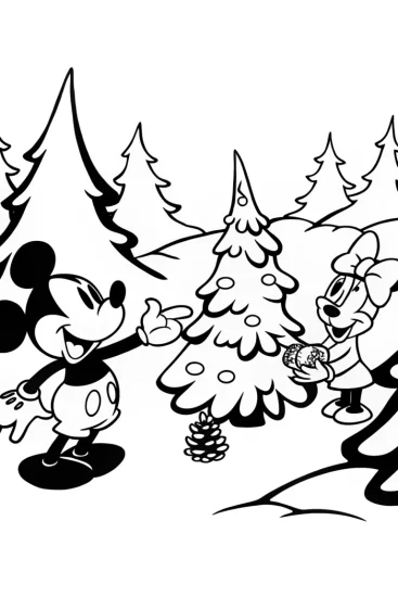 A coloring page of Mickey and Minnie’s Christmas Tree Delight Coloring Page